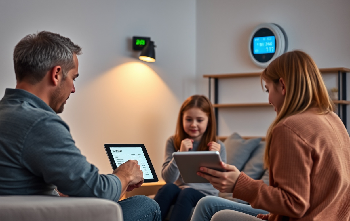 Familj som tittar på sin elräkning via en surfplatta i ett ljust vardagsrum med smart elmätare på väggen.