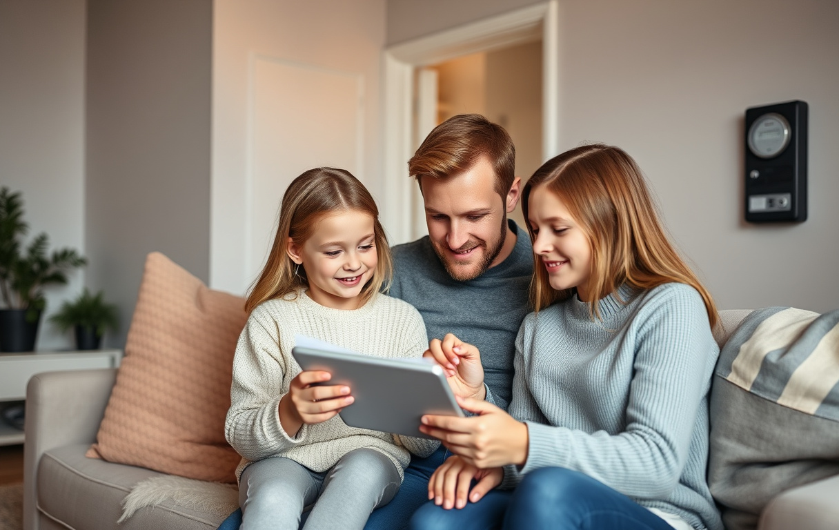 Familj som tittar på elräkning på surfplatta i vardagsrum med elmätare på väggen