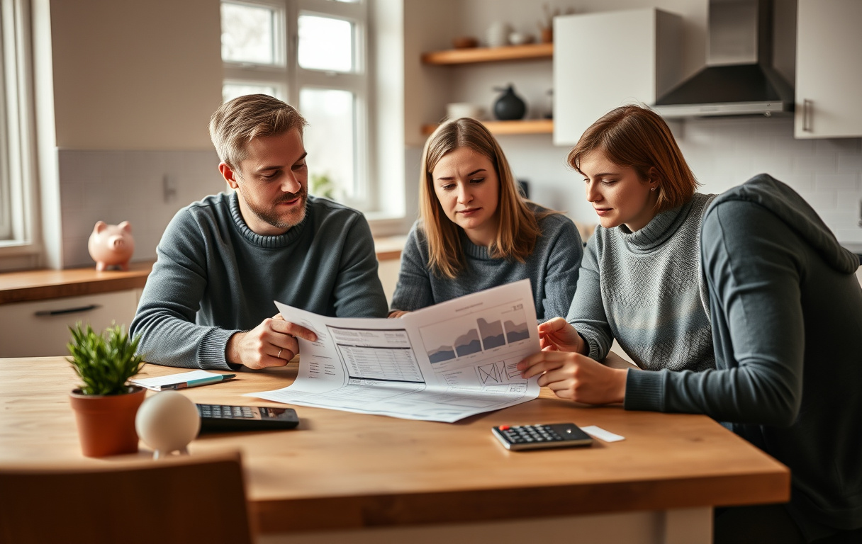 Familj som planerar elräkning med kalkylator och elkonto