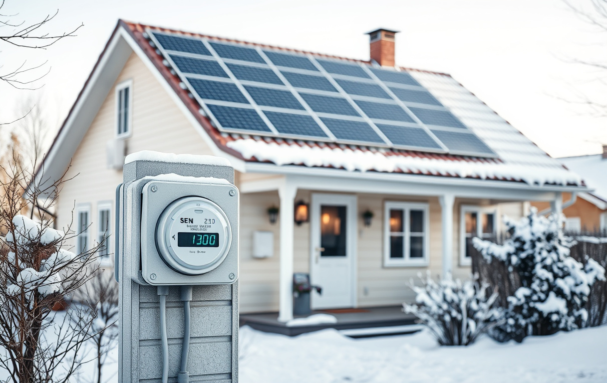 Svenskt hus med elmätare, solpaneler och digital energidisplay i vinterlandskap.