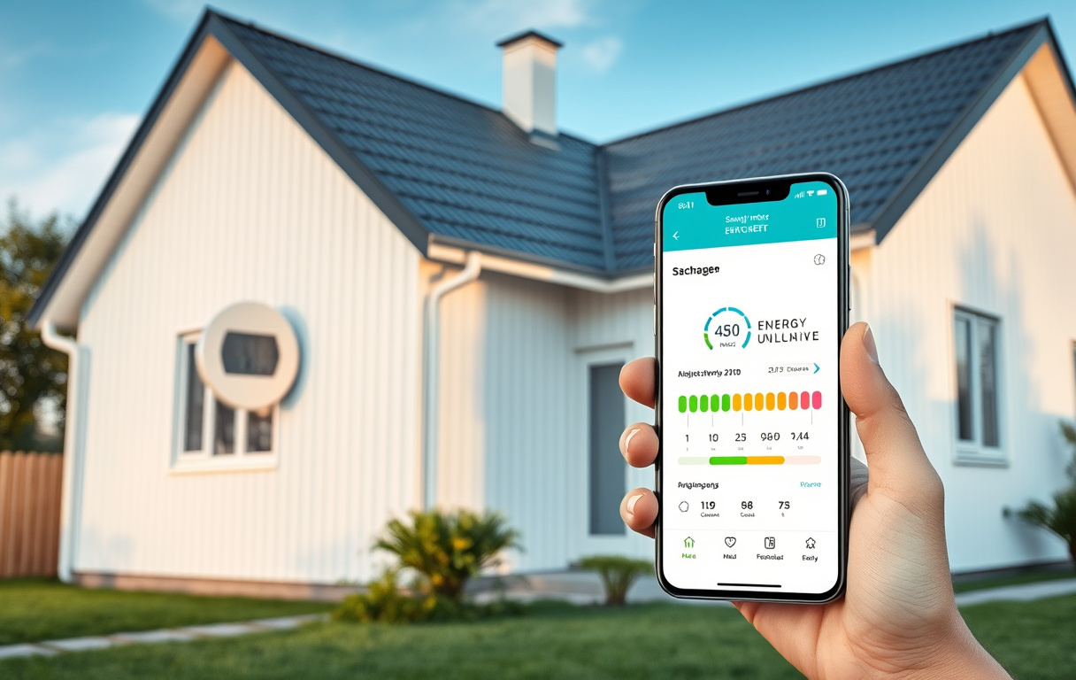 Svenskt hus med smart elmätare och mobiltelefon som visar en jämförelseapp för elbolag