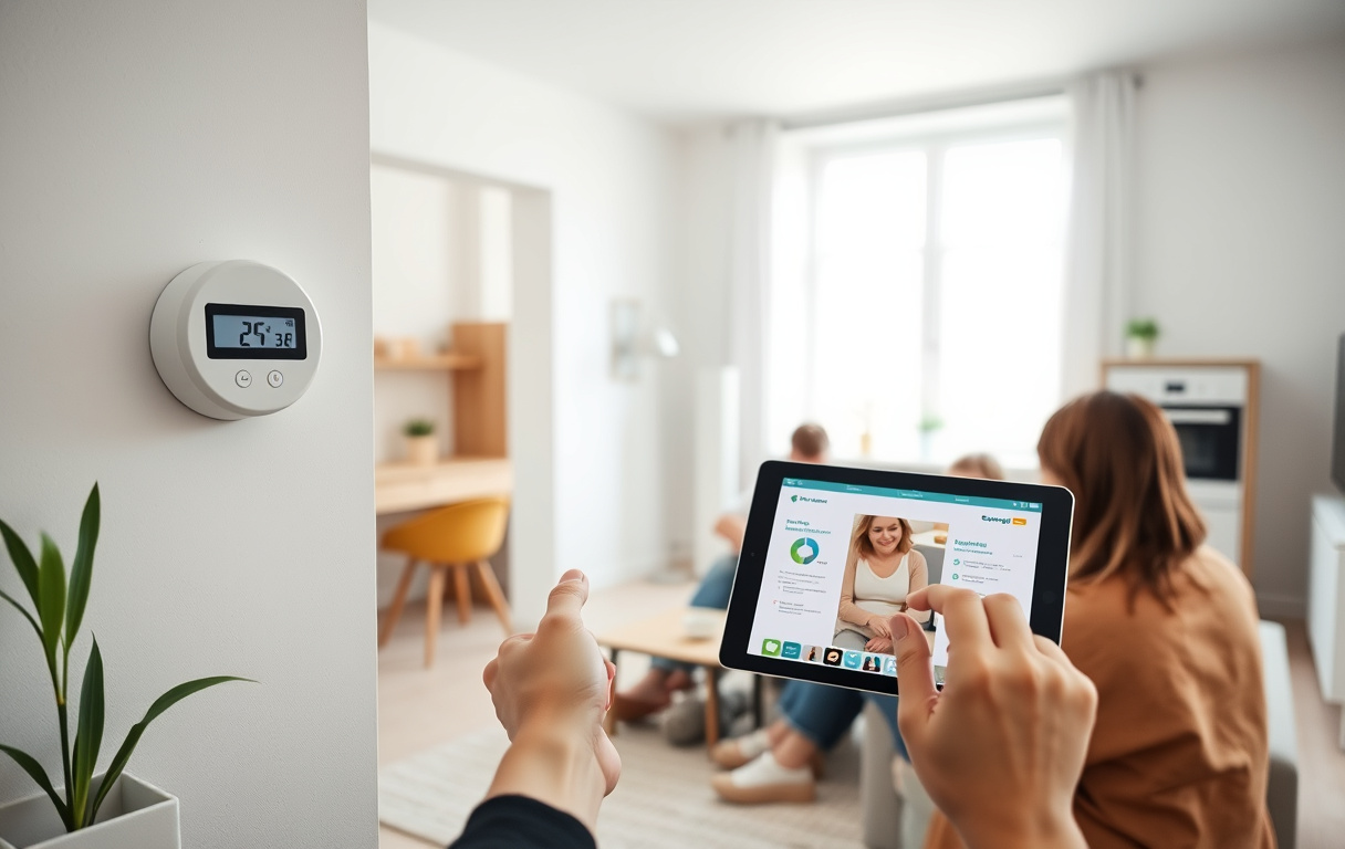 En person jämför elavtal på en surfplatta i ett modernt svenskt hem med digital elmätare och energieffektiva apparater