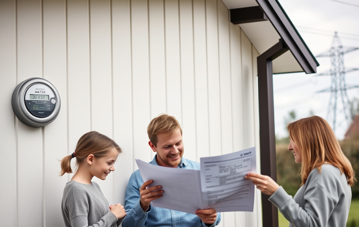 Svenskt hus med elmätare och kraftledningar, familj tittar på elräkning