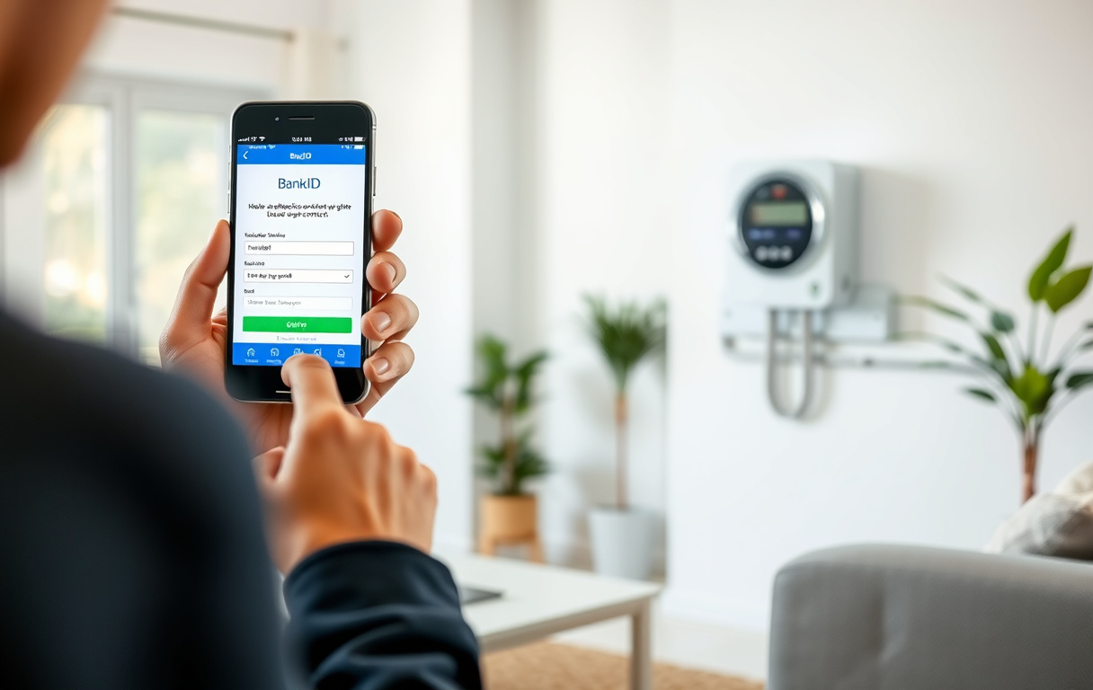 Person som tecknar elavtal via mobil med BankID i ett modernt vardagsrum med elmätare på väggen.